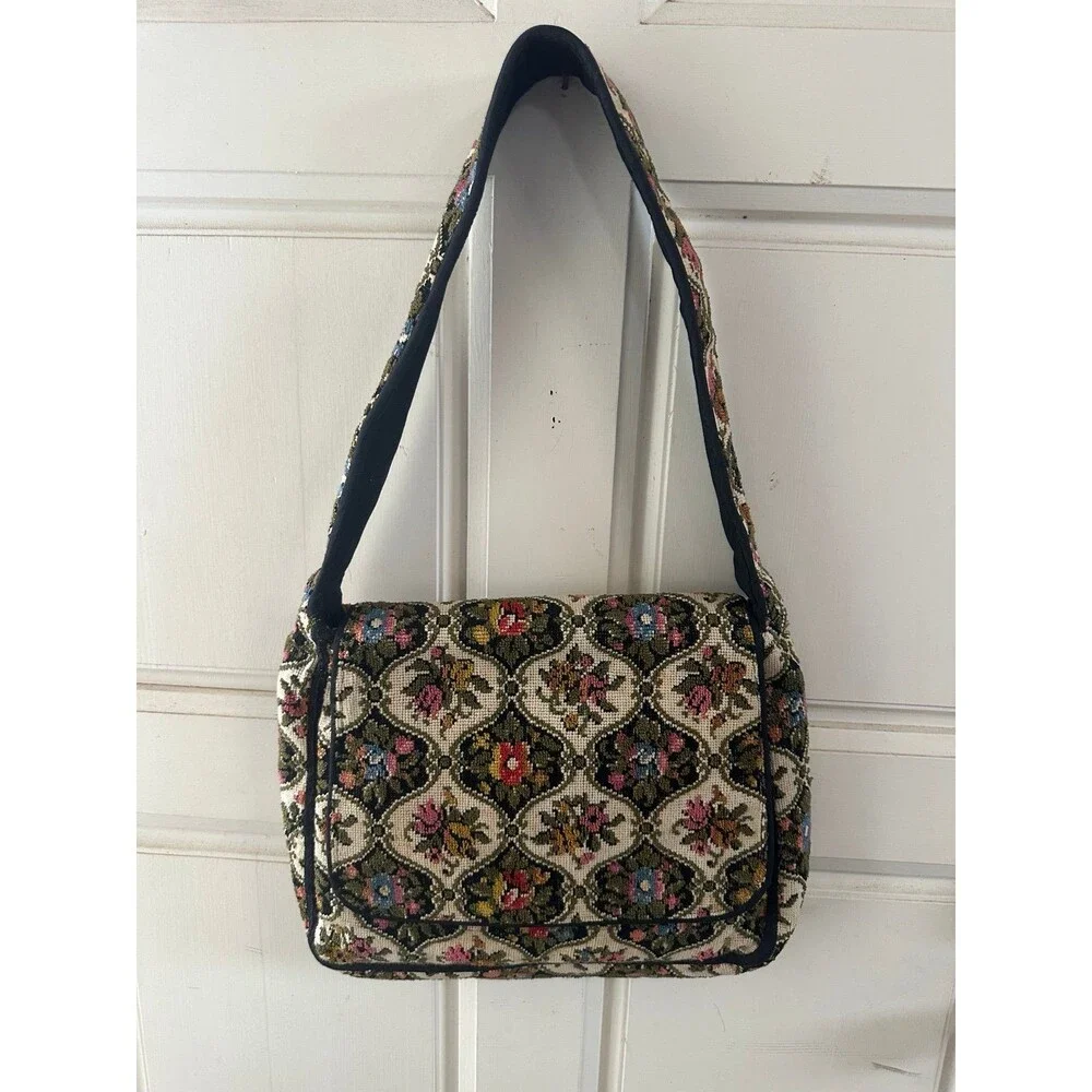 Vintage Floral Needlepoint Embroidered Suede Leather Lining Messenger Bag